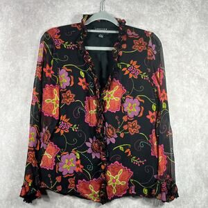 Spencer Jeremy Blouse Womens 10 Black Floral Silk Sheer Ruffle Trim Boho Artsy